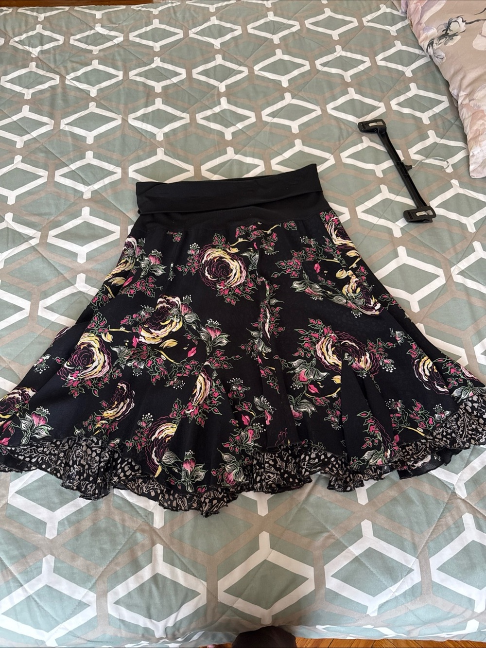 CAbi Black Floral Fold-Over Waist Skirt